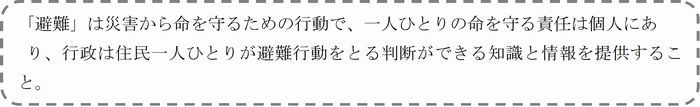 「避難は災害から命を守るための行動で、一人ひとりの命を守る責任は個人にあり、行政は住民一人ひとりが避難行動をとる判断ができる知識と情報を提供すること」と書かれ、点線で囲まれた図。