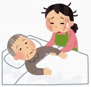 介護で疲れてる家族と心配する介護される祖父のイラスト