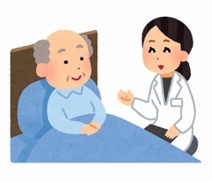ベッドで上体を起こして医師とお話をしている様子のイラスト
