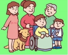 腕にけがをした男の子、車いすの子供とそれを介助する人、盲導犬を連れている女性、つえをついたおじいさん、お年寄りから子供まで助けあってともに生きる社会をイメージしたイラスト