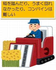 コンバインで稲刈りをしている図、稲を踏んだり、うまく回れなかったり、コンバインは難しい。