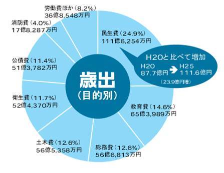 歲出(目的別)の内訳について。民生費(24.9%)111億6,254万円（平成20年と比べて増加 平成20年の87億7,000万円から平成25年は111億6,000万円へ23億9,000万円増加）、教育費(14.6%)65億3,989万円、総務費(12.6%)56億6,813万円、土木費(12.6%)56億5,358万円、衛生費(11.7%)52億4,370万円、公債費(11.4%)51億3,782万円、消防費(4.0%)17億8,287万円、労働費ほか(8.2%)36億8,548万円。