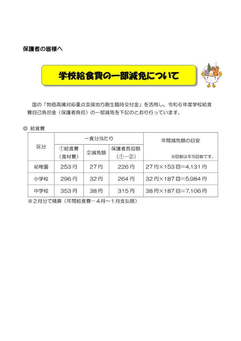 給食費保護者負担額の一部減免について