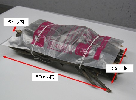 木の枝を長さ60センチメートル以内、太さ5センチメートル以内、ひと束30センチメートル以内に束ねて掛川市のゴミ指定袋の前面が見えるように紙のひもでくくりつけている。