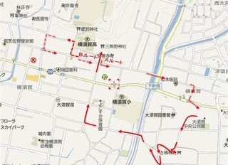 御衣黃散策コースの地図、赤矢印でルートが表示されている