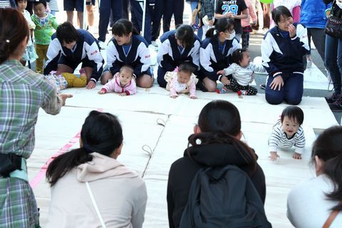 赤ちゃんオリンピックに挑戦する赤ちゃんたちと、それを見守る母親たちの写真