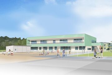 園舎の前の園庭で大人と子供が遊んでいるあそび保育園の完成イメージ図