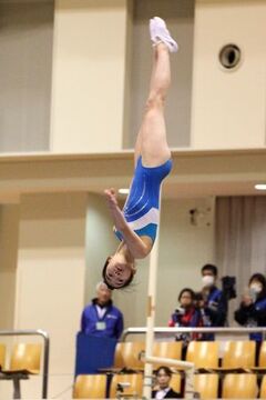 高くジャンプをして頭が下になっている青レオタードの女性選手