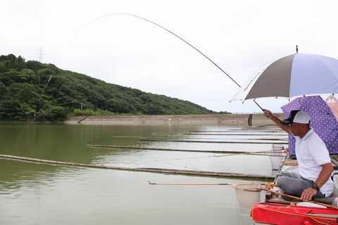 雨が降るなか傘をさして池に竿を曲げる太公望の様子