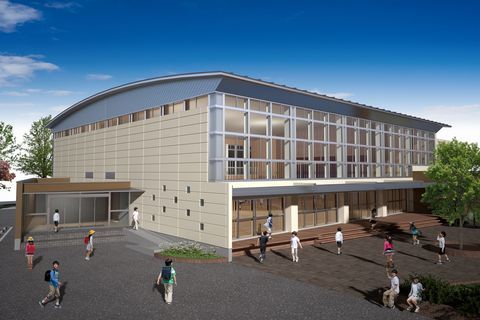 大きな開口部で平屋建ての千浜小学校の新しい体育館の完成イメージ図