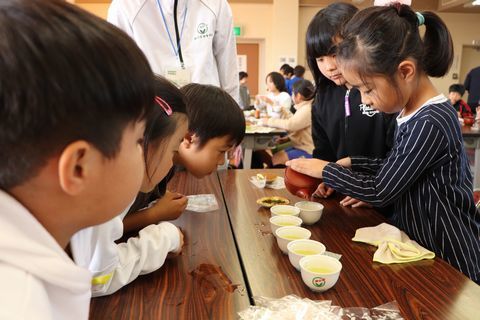 丁寧にお茶をいれる児童のようすを興味深く観察する他の児童たち