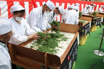 生茶葉を焙炉で手もみする県手揉保存会のメンバー