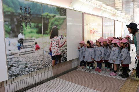 大型写真を見ている智光幼稚園の園児たち