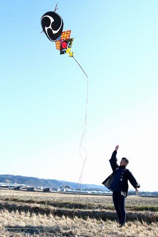 雲ひとつない青空のもと、田んぼで横須賀凧「巴」を揚げる巴会メンバーの様子