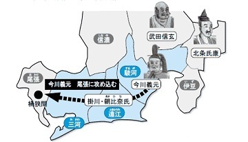 今川義元が、駿河・遠江・三河を支配し尾張攻略を図った周辺地図