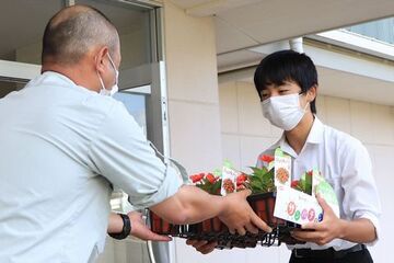 環境浄化植物「サンパチェンス」1,000鉢の贈呈式が行われ、サカタのタネ掛川総合研究センターの齋藤寛人さんから苗が東中学校生徒会長の石川弘馬さんへ手渡される様子