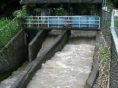 2本の用水路があり、右の用水路は水がよく流れている。またその奥に水色の樋門がある画像