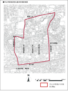 地図の一部を赤い線で囲んで中心市街地活性化基本計画区域を表している画像