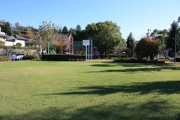 芝生を敷き詰めた公園、奥にはアスレチック遊具がある