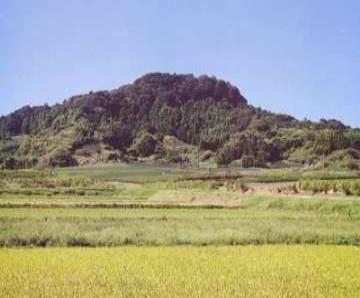 田畑からのぞむ高天神城跡の山と空