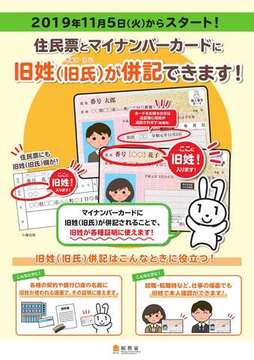 総務省の旧姓併記について説明したパンフレットの表面。