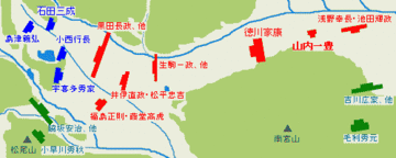 関ヶ原合戦の布陣図、図右側から中央にかけてに東軍、左側にに西軍。傍観軍は下方左右に描かれている。