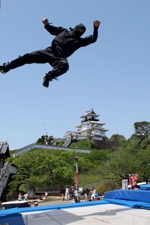 忍者姿でアクロバティックな技を披露する静岡産業大学トランポリン部のメンバー