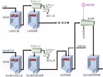 前処理脱水設備の図解。し尿はし尿受入槽を経て、スクリーンし、し尿貯留槽を通過する。浄化槽汚泥は浄化槽汚泥受入槽を通過後、スクリーンし、浄化槽汚泥貯留槽、汚泥貯留槽を経て、脱水助剤を入れた脱水機を通過し、脱水分離液貯留槽へと流れる。