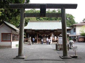 鳥居越しに龍尾神社を写した写真で、拝殿前には参拝客が、奥には緑の木々が見える
