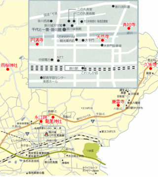 山内一豊ゆかりの史跡の地図、雨桜神社・永江院・慶雲寺・円満寺・天然寺・真如寺・龍尾神社・久延寺・茶亭跡の位置