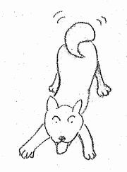 前足と頭を下げ、おしりを上げて、吠えながら戦闘体勢をとっている犬のイラスト