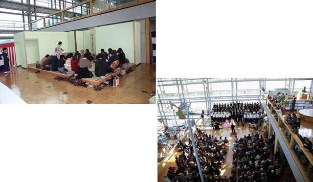 掛川市役所本庁舎で行われるお茶会やミニコンサートの様子をうつした2枚の写真