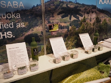 掛川市の出展ブースにお茶の葉と説明が書かれたパネルが置かれている