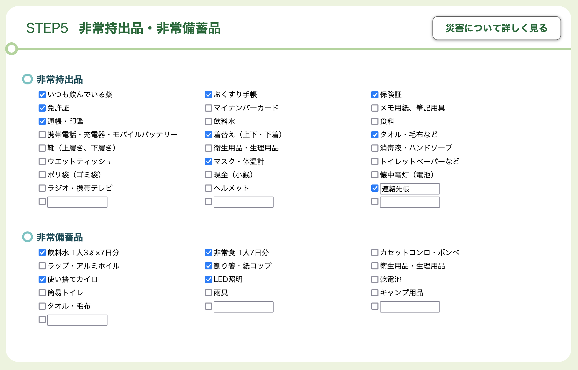 非常持出品・非常備蓄品の入力画面